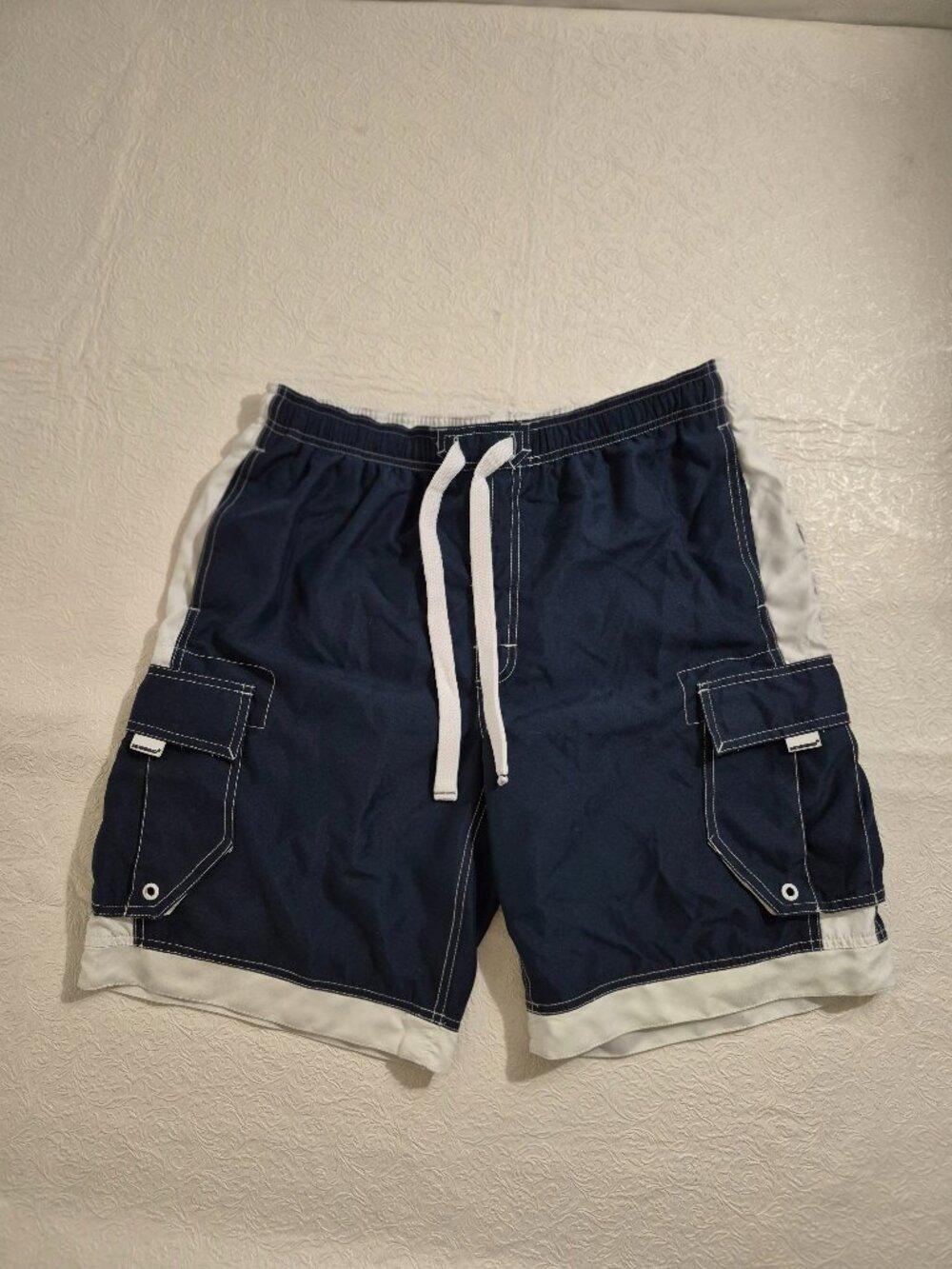 Mossimo Supply Co Mens M Blue White Elastic Knit Lined Cargo Swim Trunks Shorts